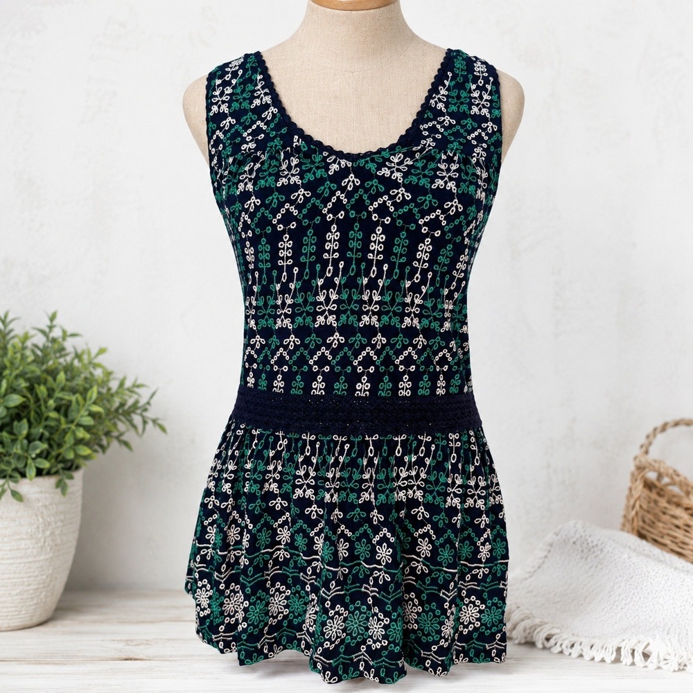 Anthropologie Maeve Embroidered Peplum Tank Top Black Green Boho Women Small EUC